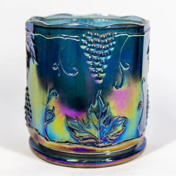Vintage Blue Iridescent Carnival Glass Fruit Pattern Canister Jar Candle Holder - Picture 1 of 5